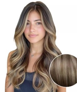 Remy Invisible PU Clip In Hair Extensions Balyage Brown with Blonde #3/8/22